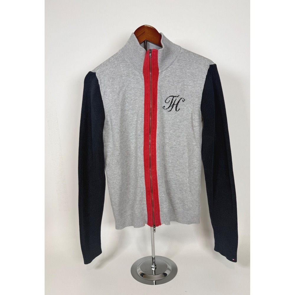 Tommy Hilfiger Sweater Men's Large Full Zip Mock Neck Colorblock Preppy Gray